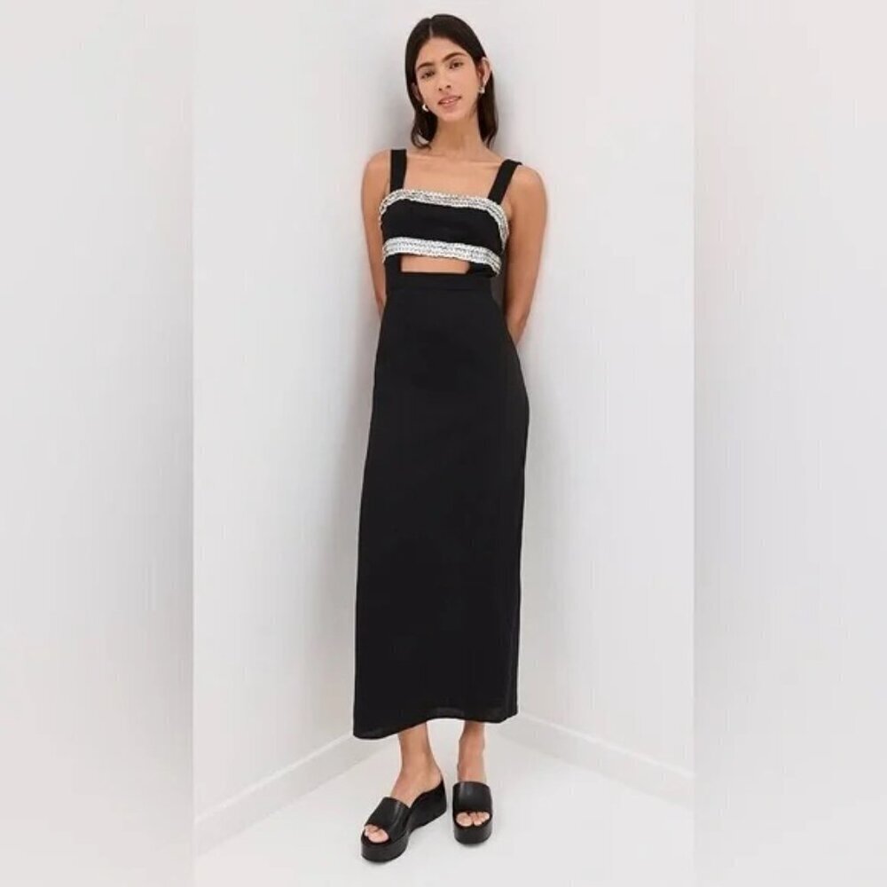 STAUD Mickey Dress 2 Black Linen Sequin Cutout Maxi Dress Evening